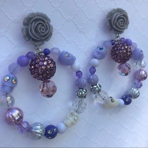 Skull rose hoop purple rhinestone bead earrings